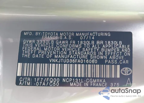 2015 Toyota Yaris L from USA, damaged, VIN VNKJTUD36FA016060